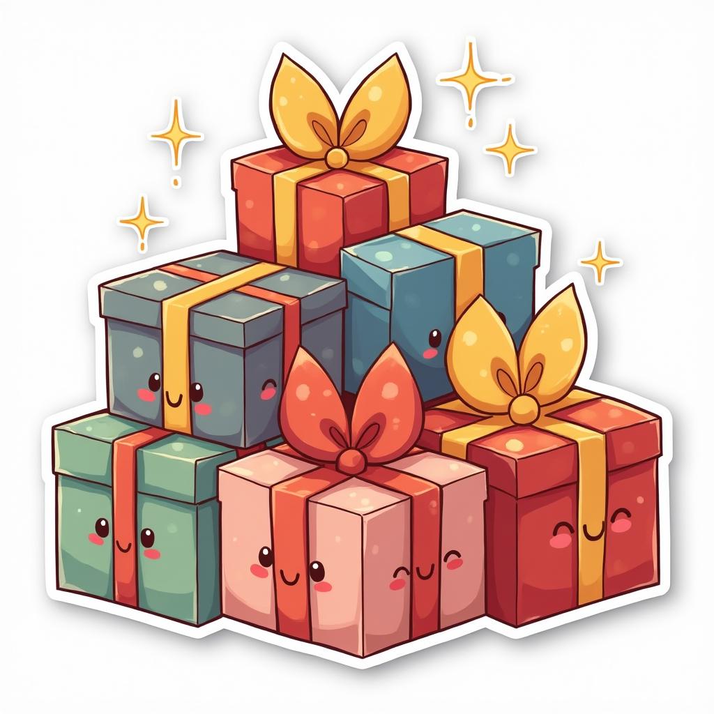 Kawaii pile of colorful gifts with smiles and sparkles