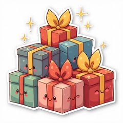 Kawaii pile of colorful gifts with smiles and sparkles
