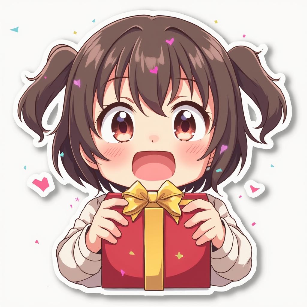 Anime girl excitedly unwrapping a gift with confetti