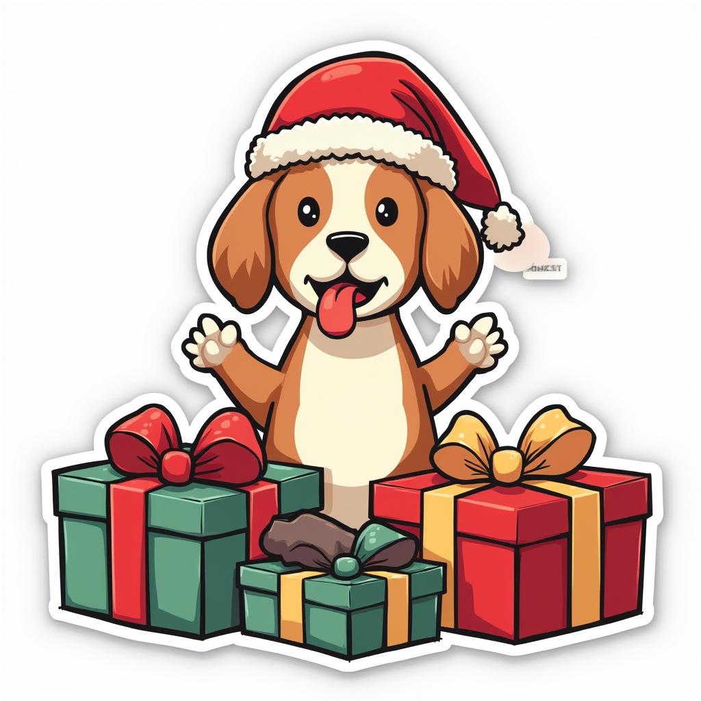 Cartoon dog in a Santa hat surprised by a squeaky toy in a gift