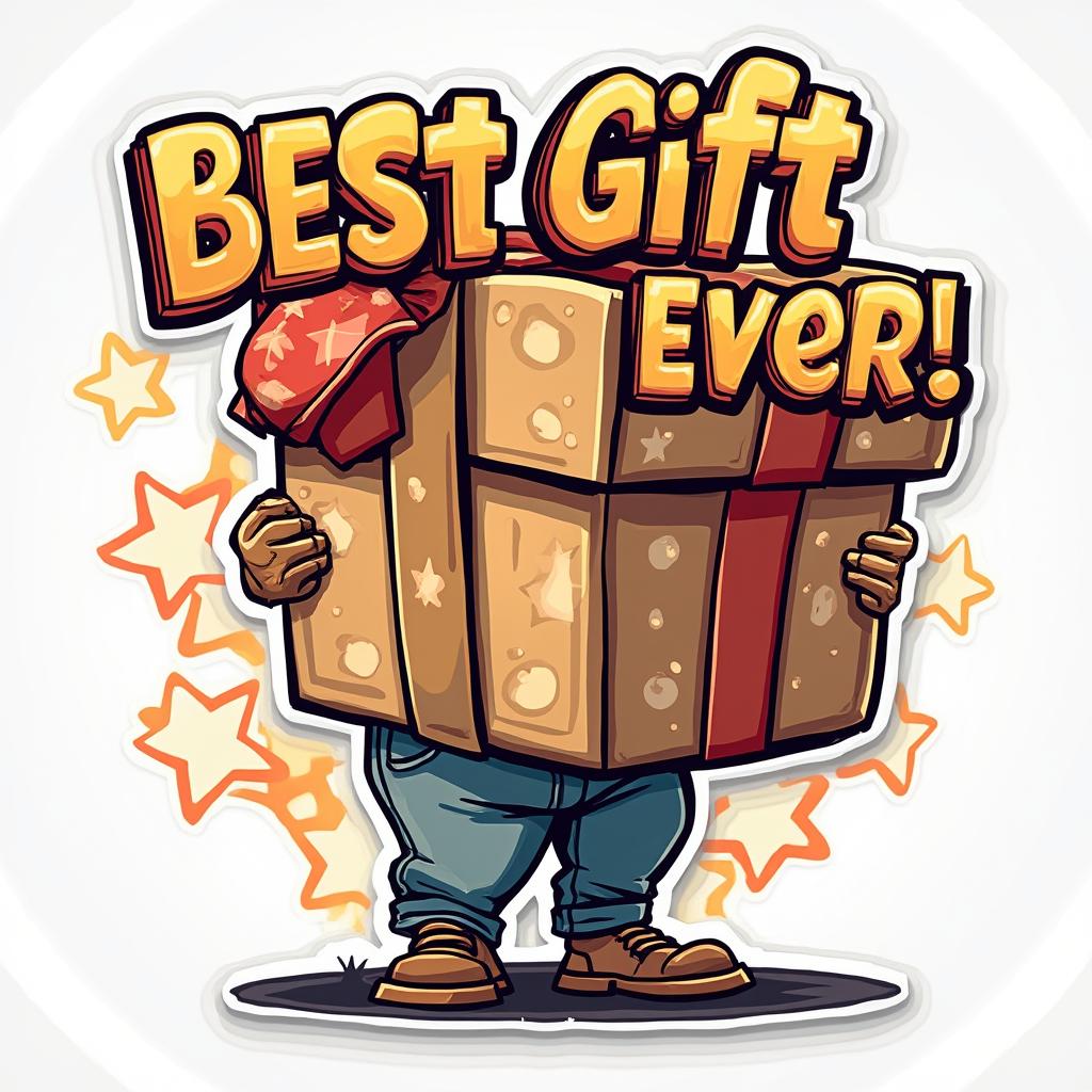Comic book character holding a giant gift with 'Best Gift Ever!' caption