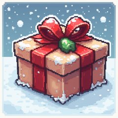 Pixel art Christmas gift box with ribbon against snowy background
