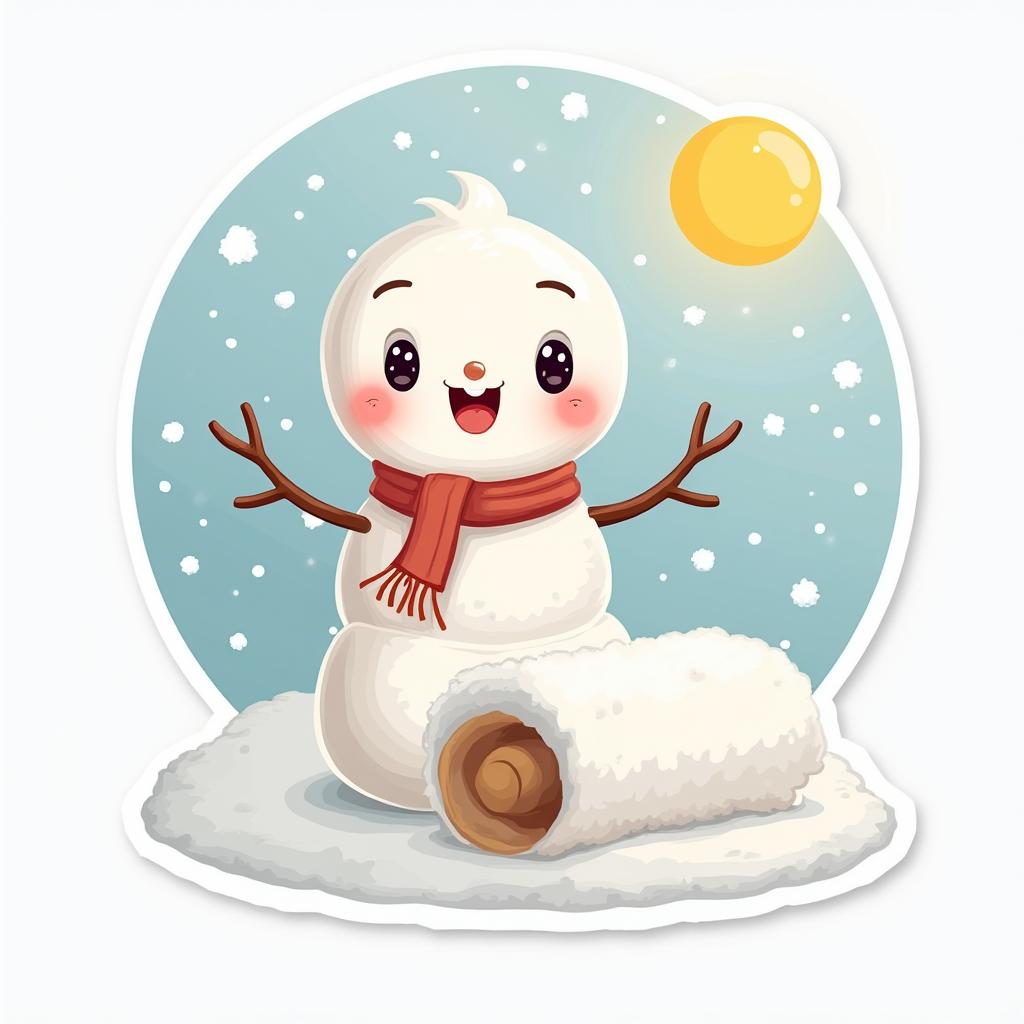 Kawaii snowman rolling snow with rosy cheeks and falling snowflakes