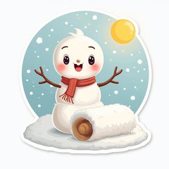 Kawaii snowman rolling snow with rosy cheeks and falling snowflakes