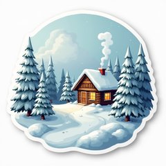 3D rendered winter landscape with snow-covered trees and a cabin