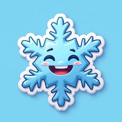 Emoji-style snowflake with a happy face on a blue background