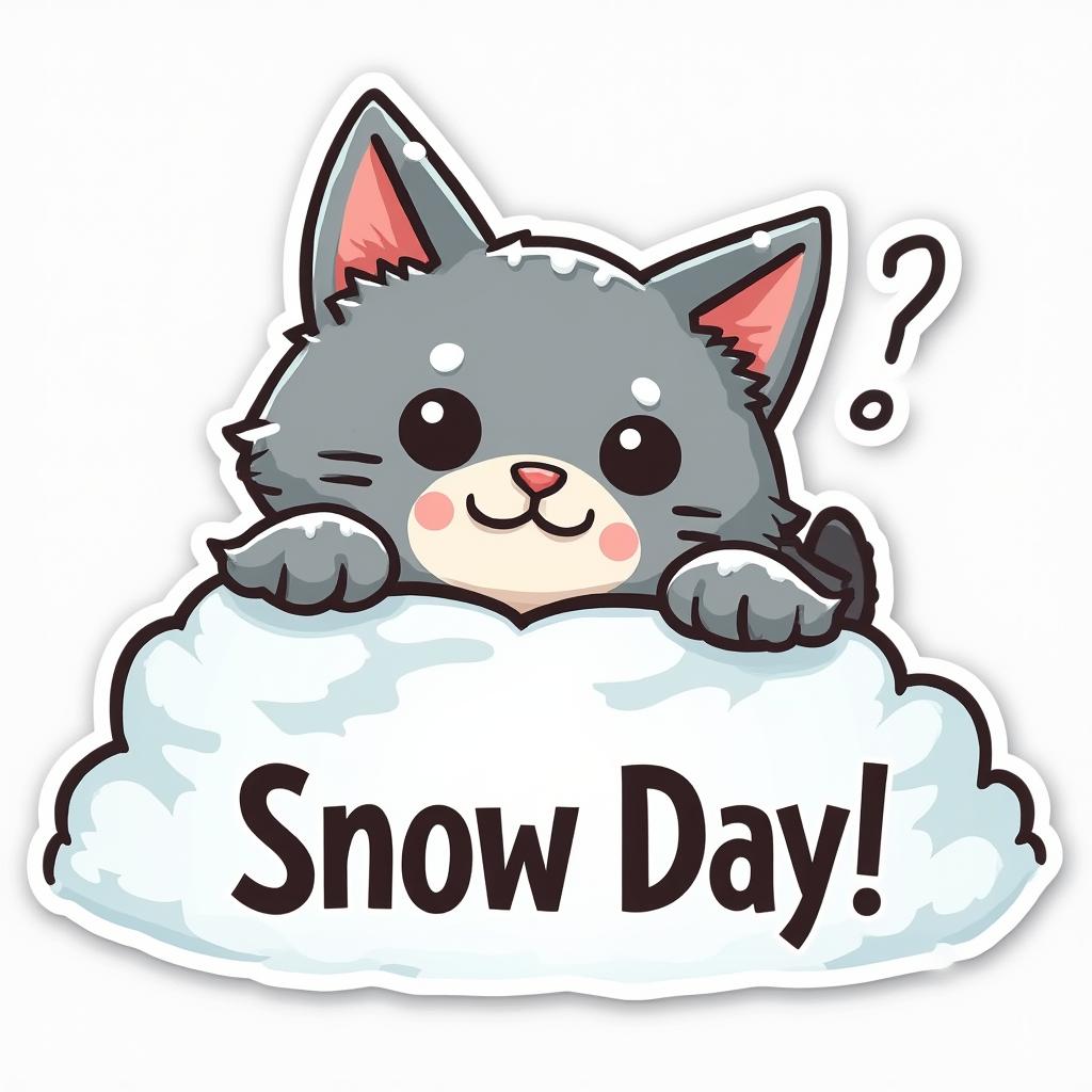 Meme cat peeking from snow with 'Snow Day!' caption