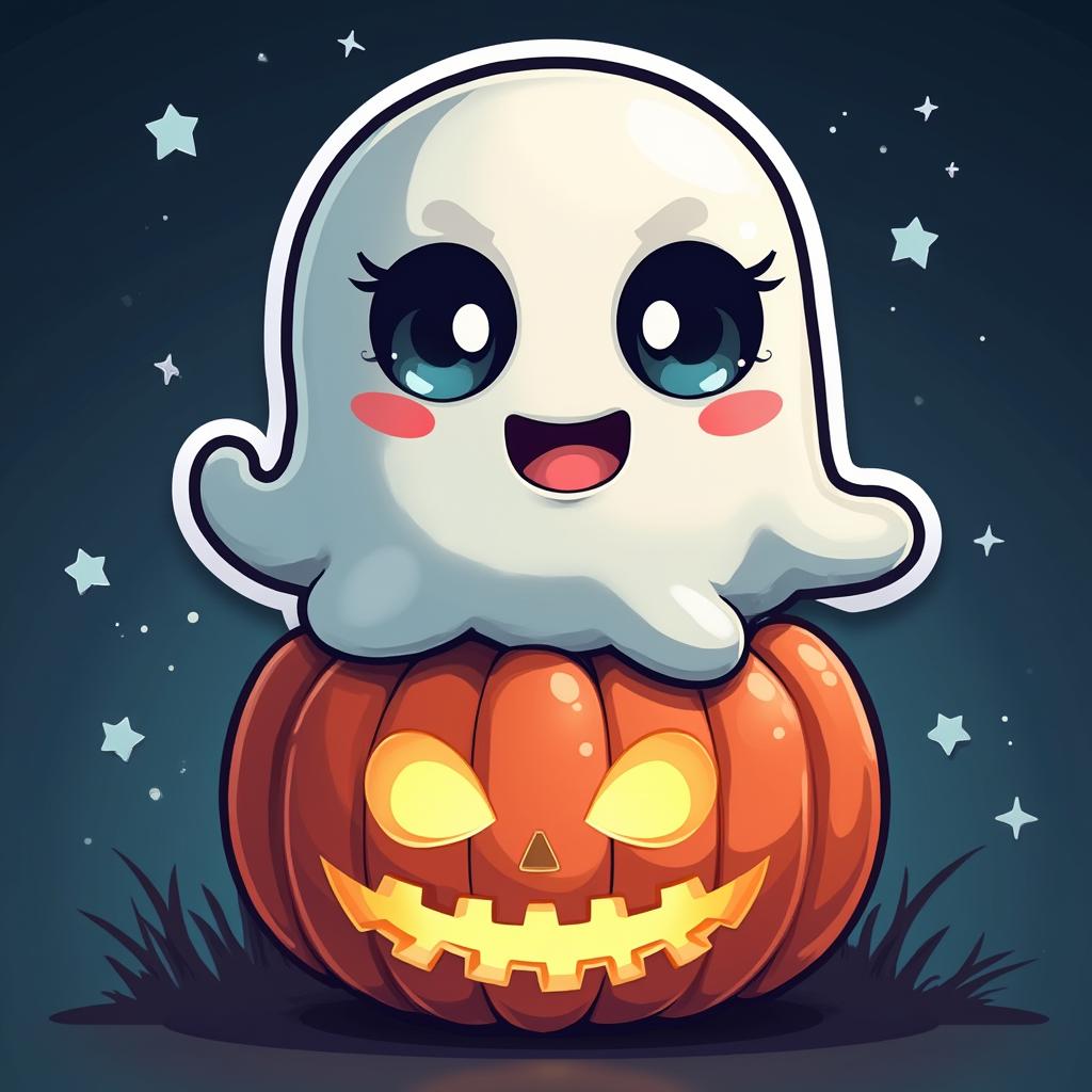 Kawaii ghost floating above a smiling jack-o'-lantern in a starry night.
