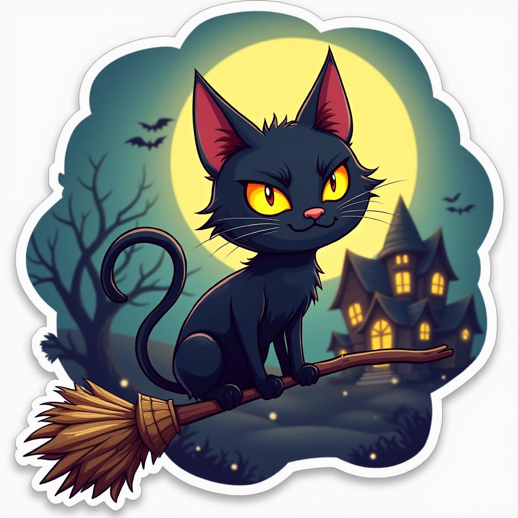 Cartoon black cat on a broomstick flying over a haunted house at night.