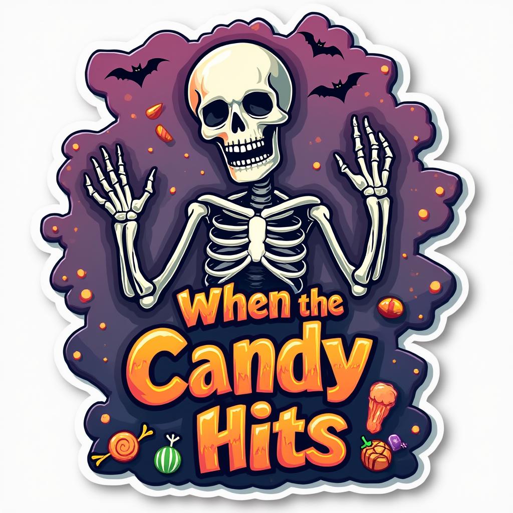 Meme sticker of a dancing skeleton with text about candy, surrounded by bats.
