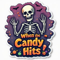 Meme sticker of a dancing skeleton with text about candy, surrounded by bats.