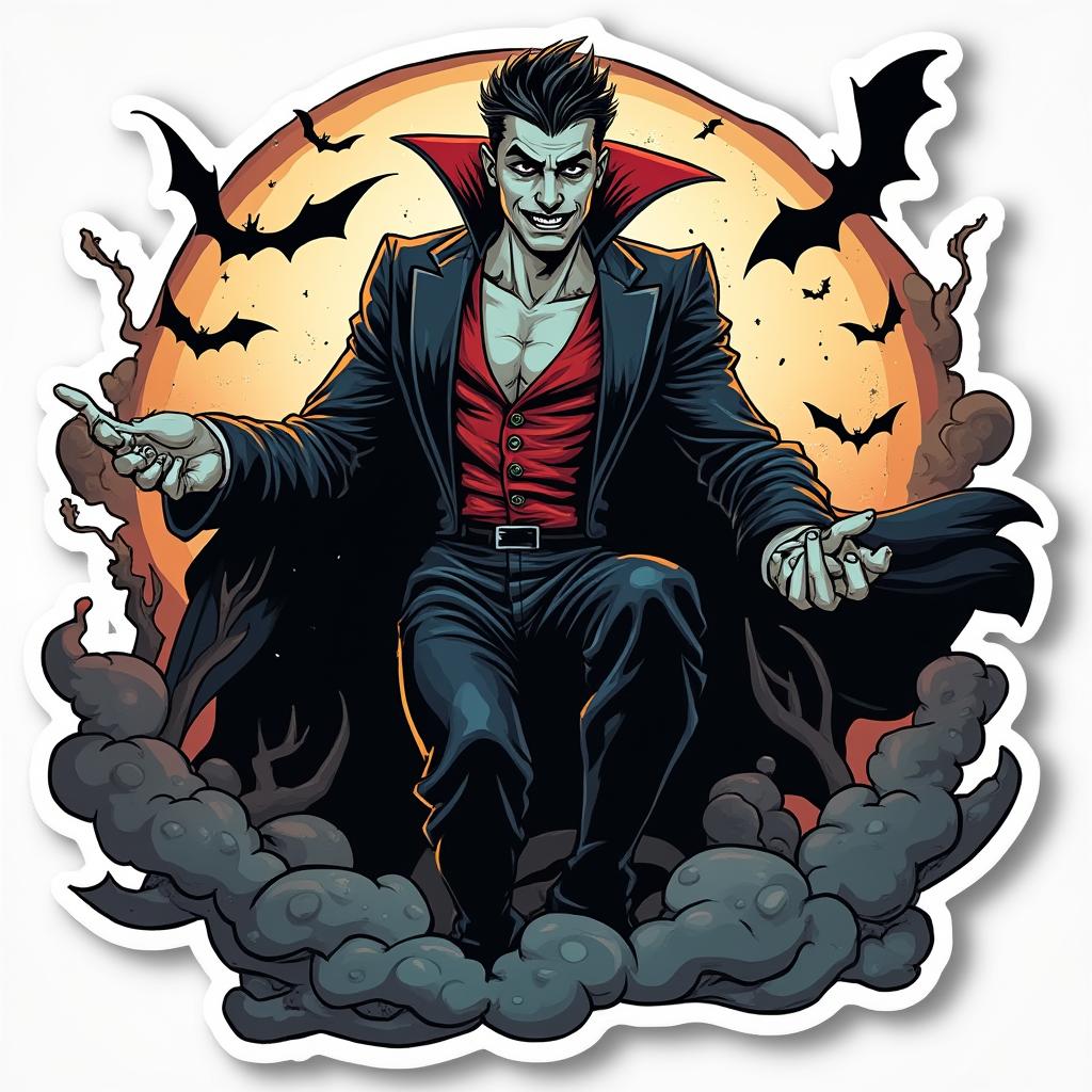 Comic book vampire in a dramatic pose with cape and bats around.