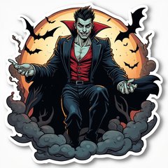 Comic book vampire in a dramatic pose with cape and bats around.