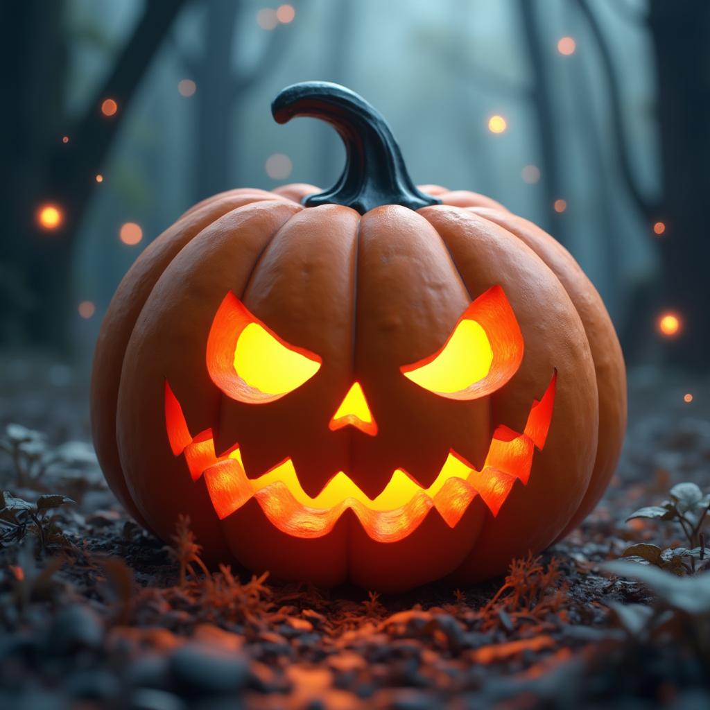 3D rendered glowing pumpkin with eerie face and fog in a haunted forest.