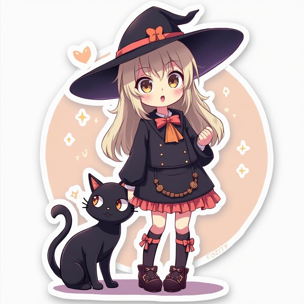 Anime witch with sparkles and her black cat, smiling in a cute outfit.