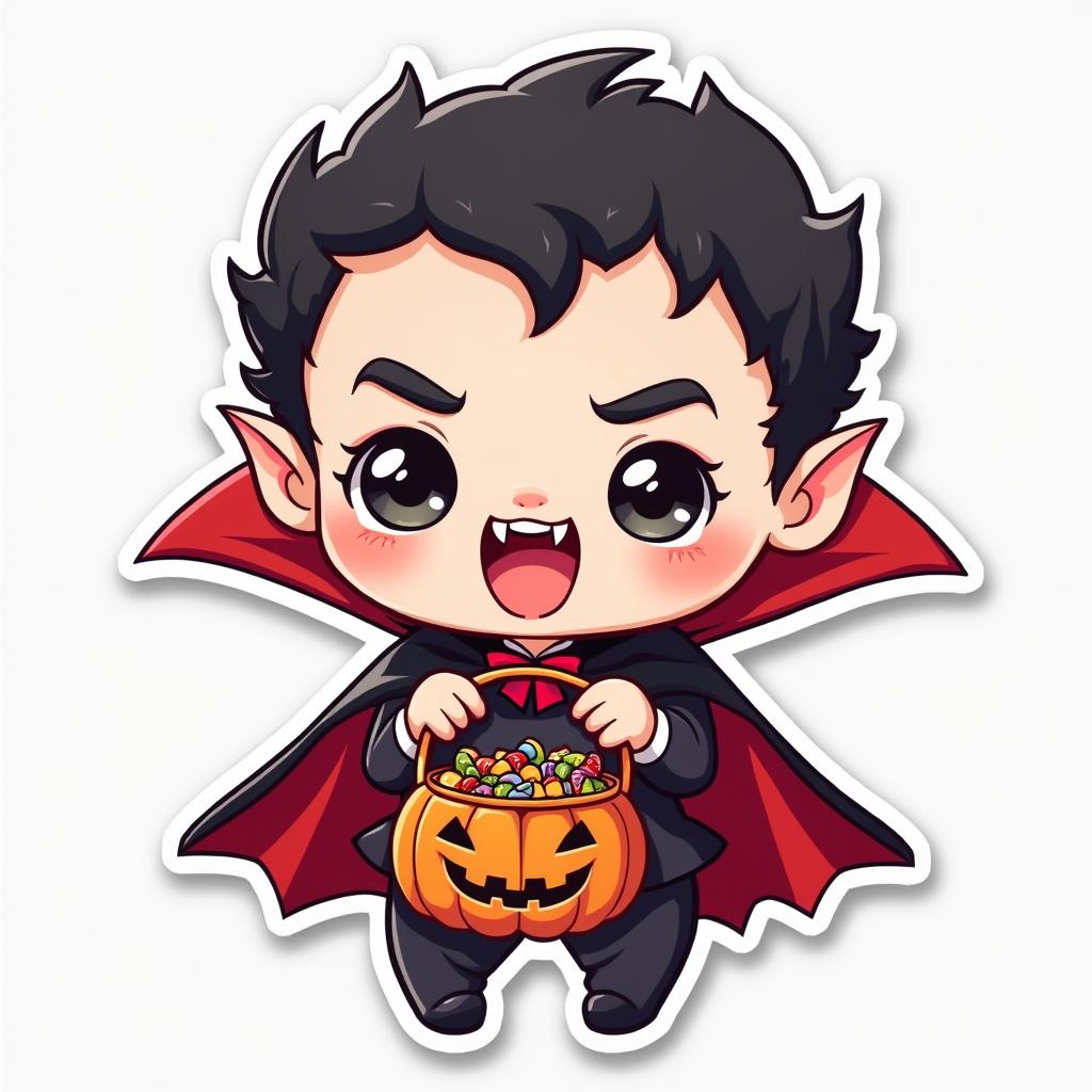 Chibi vampire child with large fangs and a candy bucket, looking excited.