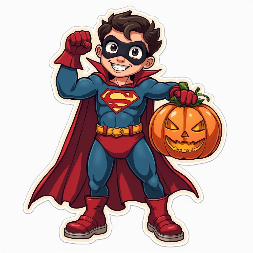 Superhero in a Halloween costume striking a pose with a pumpkin.