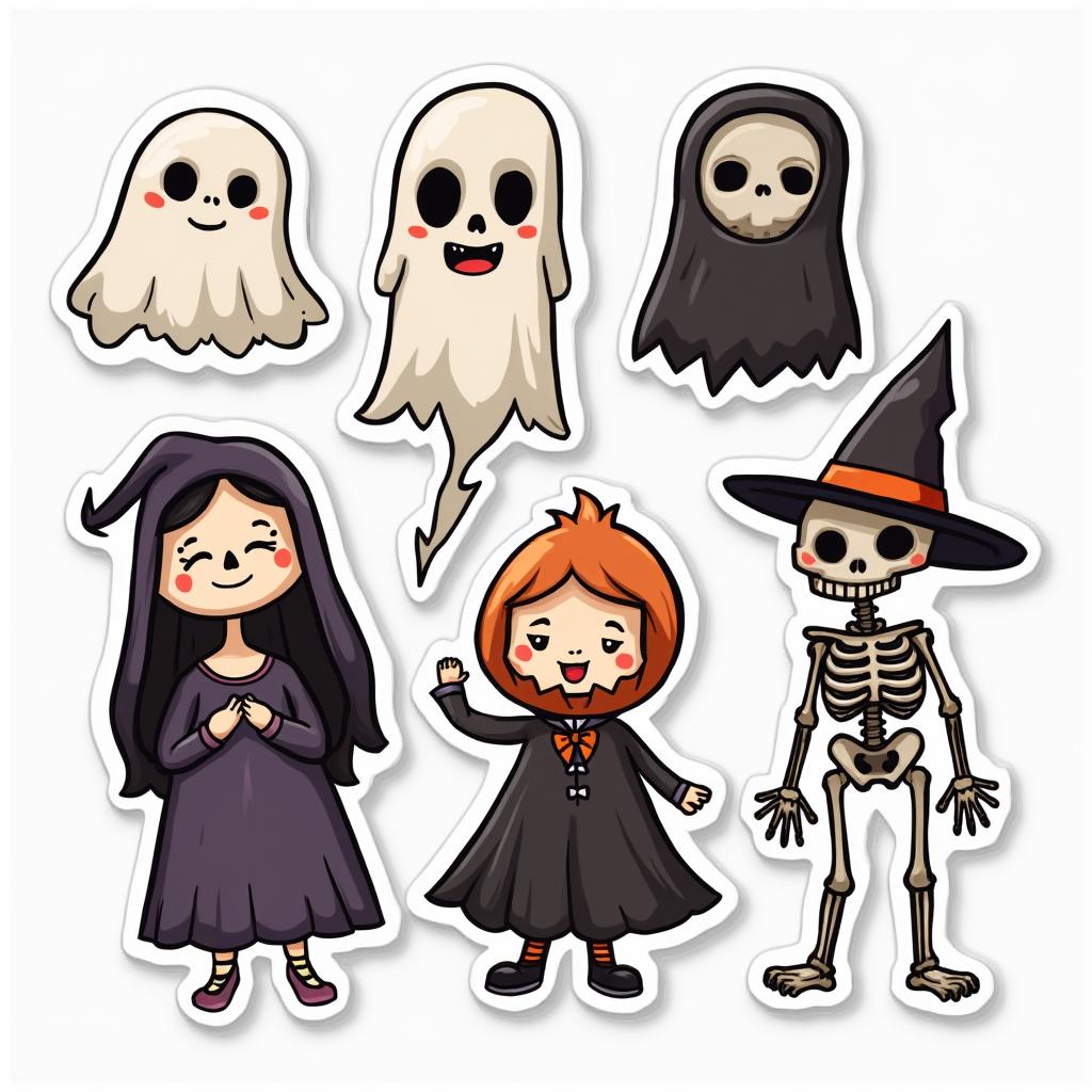 Doodle of various Halloween costumes including a ghost, witch, and skeleton.
