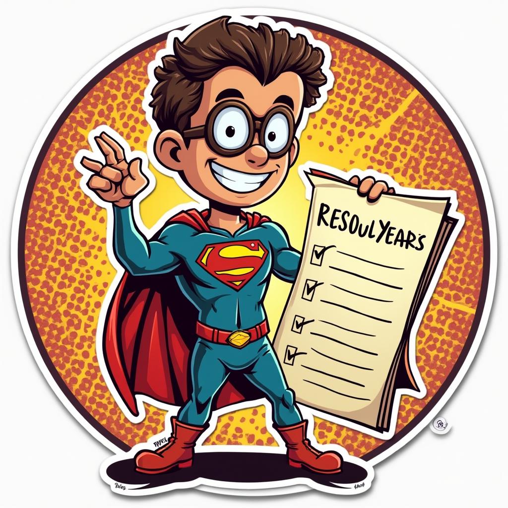 Comic book superhero with a list of New Year's resolutions