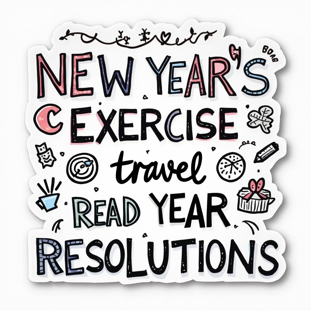 Doodle illustration of various New Year's resolutions in fun text