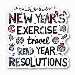 Doodle illustration of various New Year's resolutions in fun text