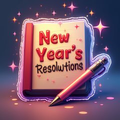 3D rendered glowing book of New Year's resolutions with sparkles