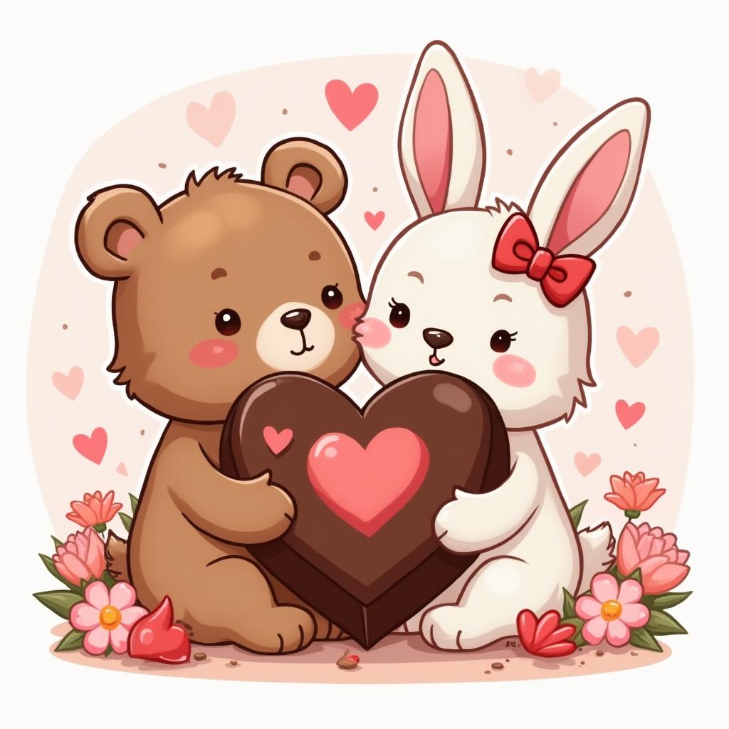 Cartoon bear and bunny sharing a chocolate heart on Valentine's Day