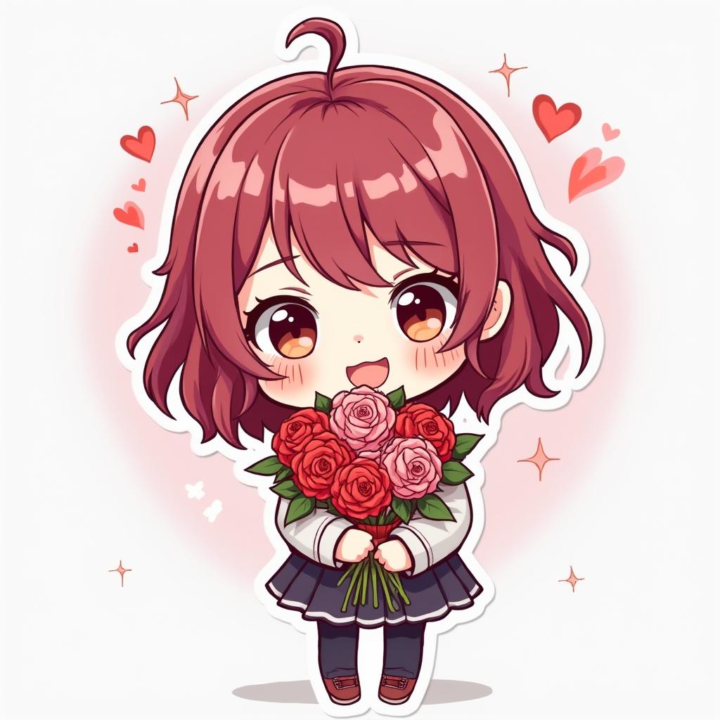 Chibi character with a bouquet of flowers looking shy