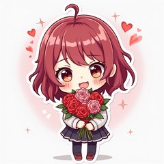 Chibi character with a bouquet of flowers looking shy