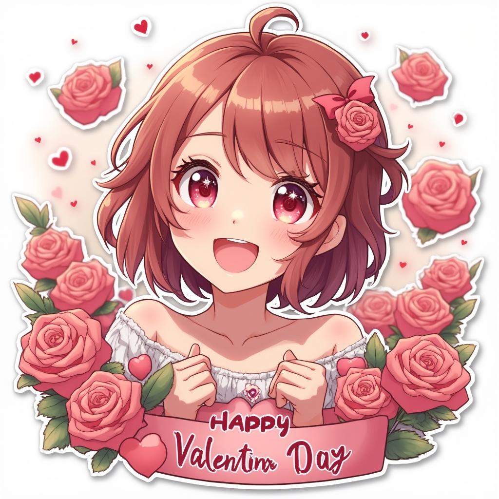 Anime character surrounded by roses, looking joyful