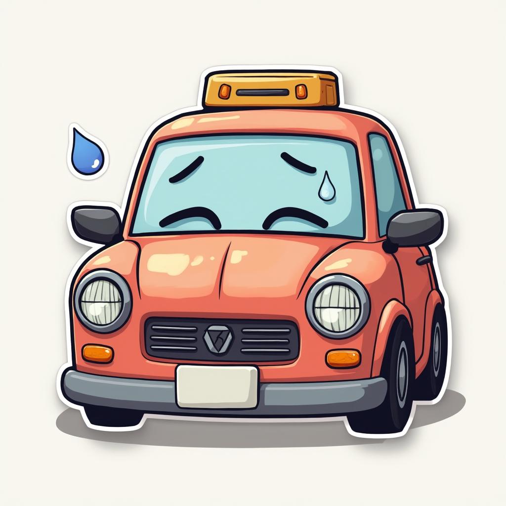 Emoji-style car with drooping eyes and sweat drop showing exhaustion