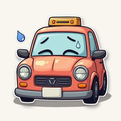 Emoji-style car with drooping eyes and sweat drop showing exhaustion