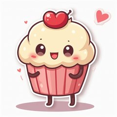 Chibi cupcake character holding a heart and looking shy