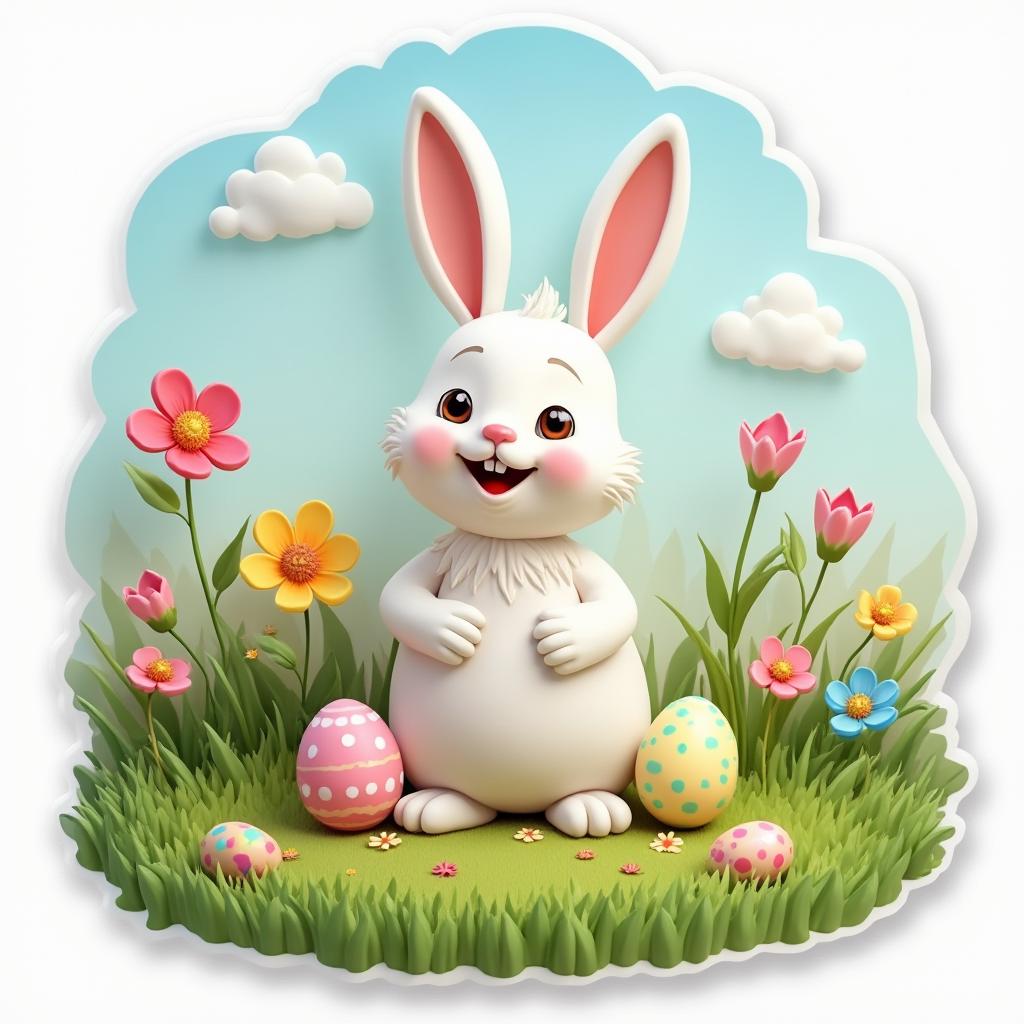3D rendered spring landscape with bunny and Easter eggs