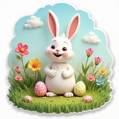 3D rendered spring landscape with bunny and Easter eggs