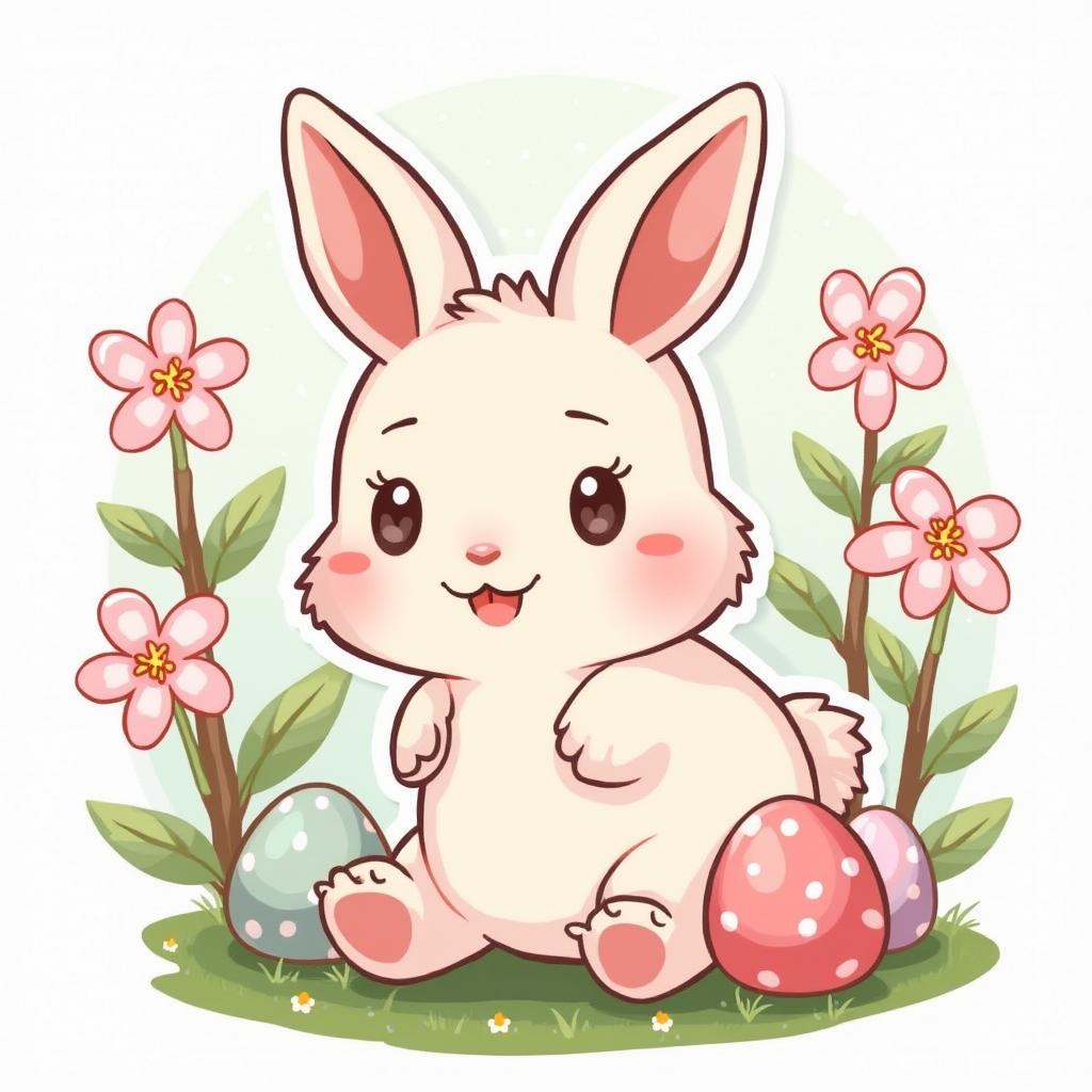 Anime bunny surrounded by cherry blossoms and Easter eggs