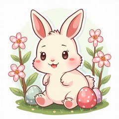 Anime bunny surrounded by cherry blossoms and Easter eggs