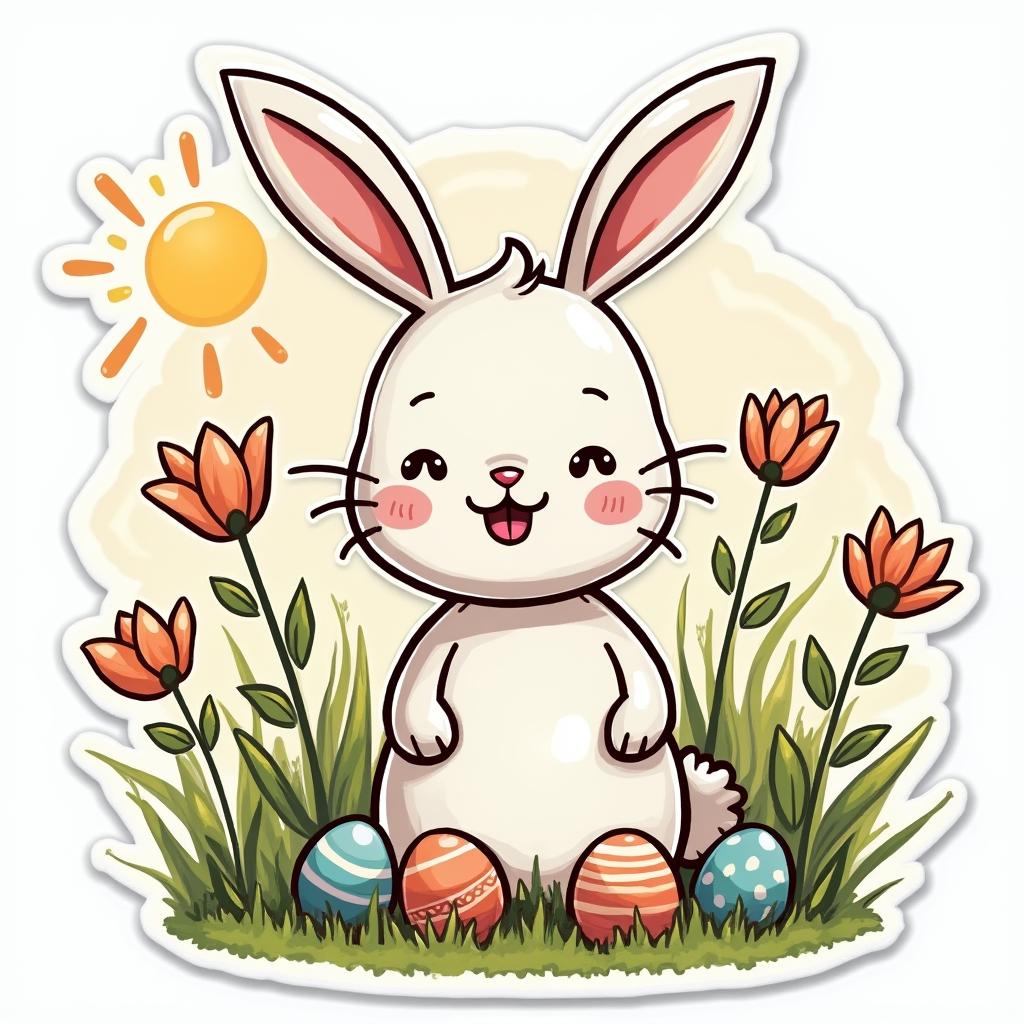 Doodle of spring scene with bunny, flowers, and Easter eggs