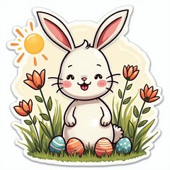 Doodle of spring scene with bunny, flowers, and Easter eggs