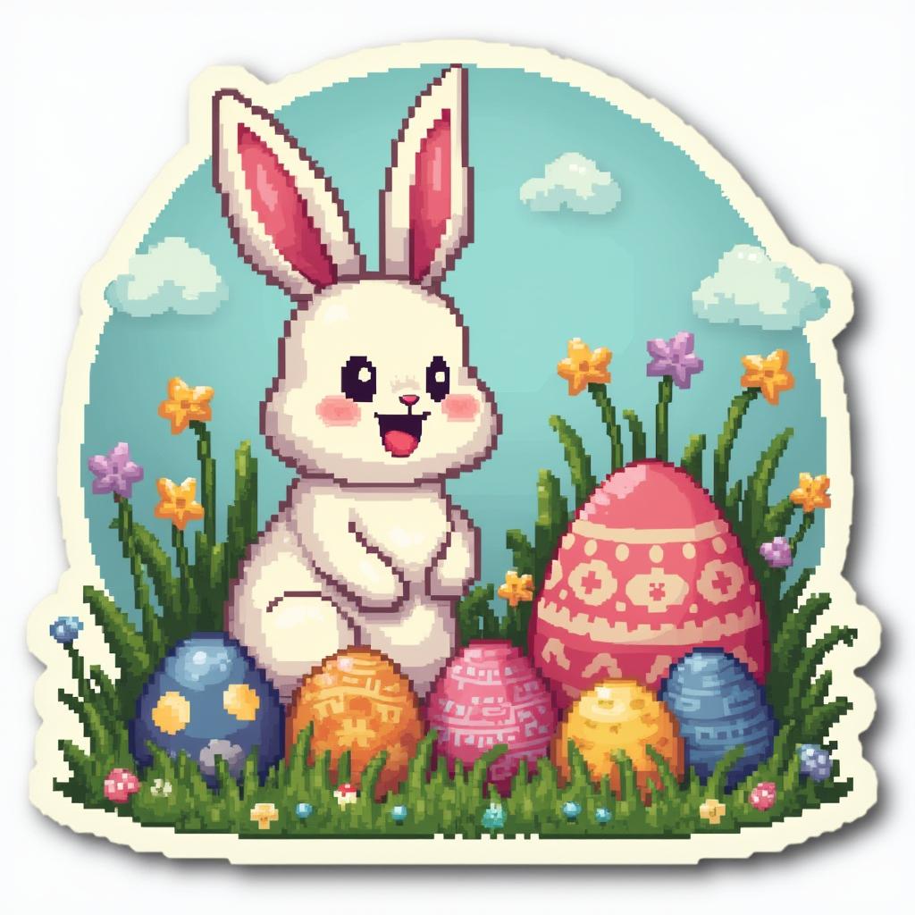 Pixel art of a bunny and Easter eggs in a spring scene