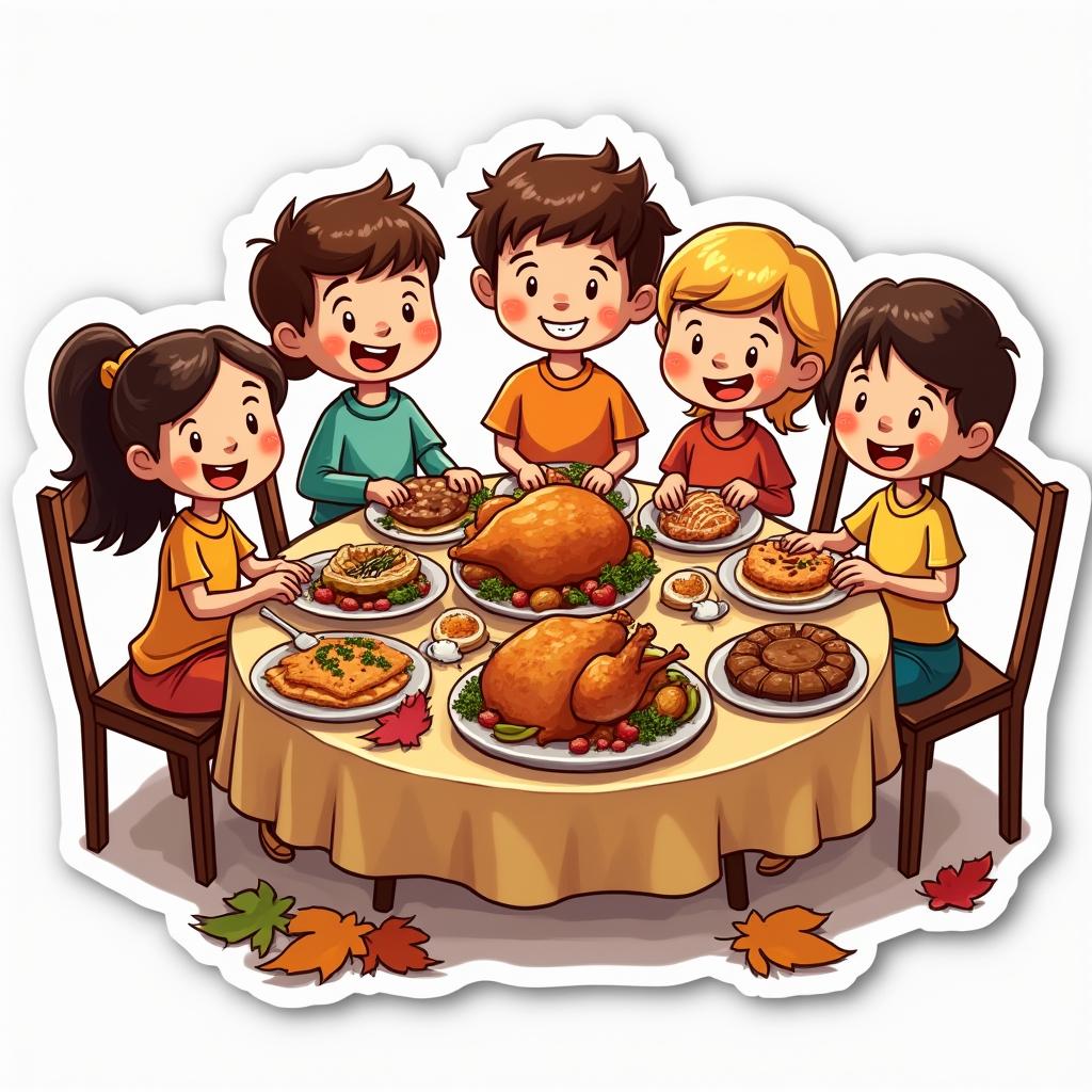Cartoon family enjoying a Thanksgiving feast at a large table