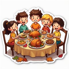 Cartoon family enjoying a Thanksgiving feast at a large table