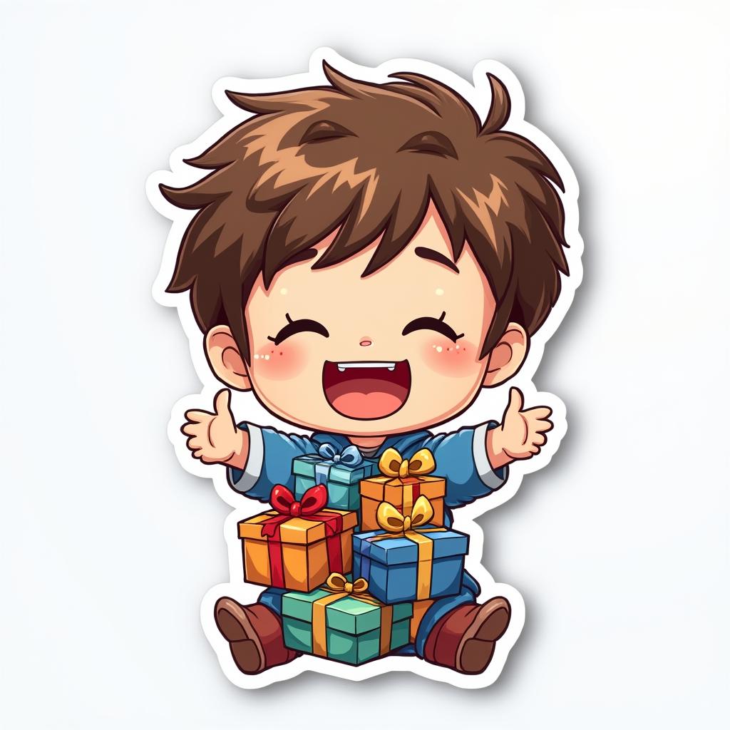 Chibi child holding colorful Hanukkah gifts with a big smile