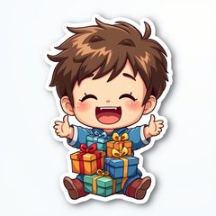 Chibi child holding colorful Hanukkah gifts with a big smile