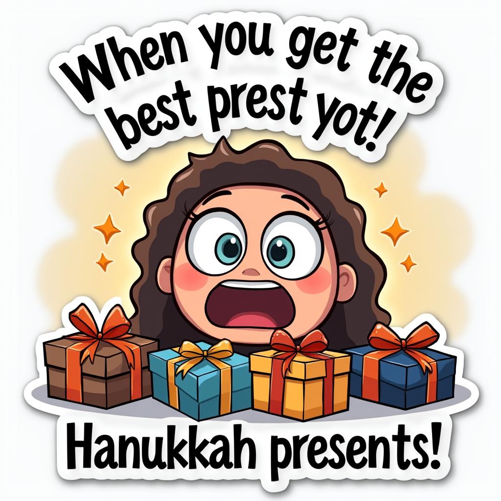 Meme character surprised by Hanukkah gifts with text
