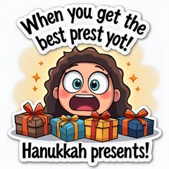 Meme character surprised by Hanukkah gifts with text