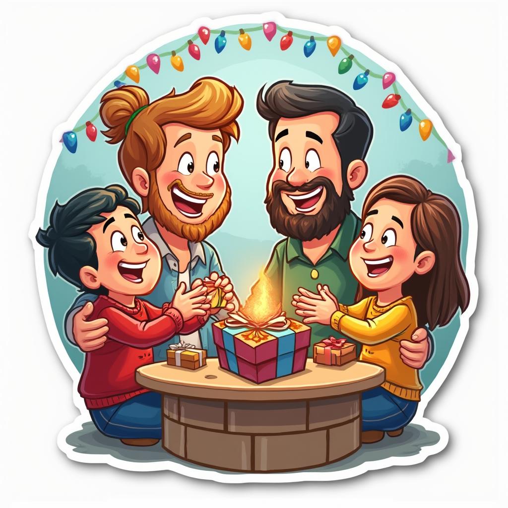 Cartoon family joyfully exchanging gifts during Hanukkah