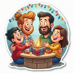 Cartoon family joyfully exchanging gifts during Hanukkah