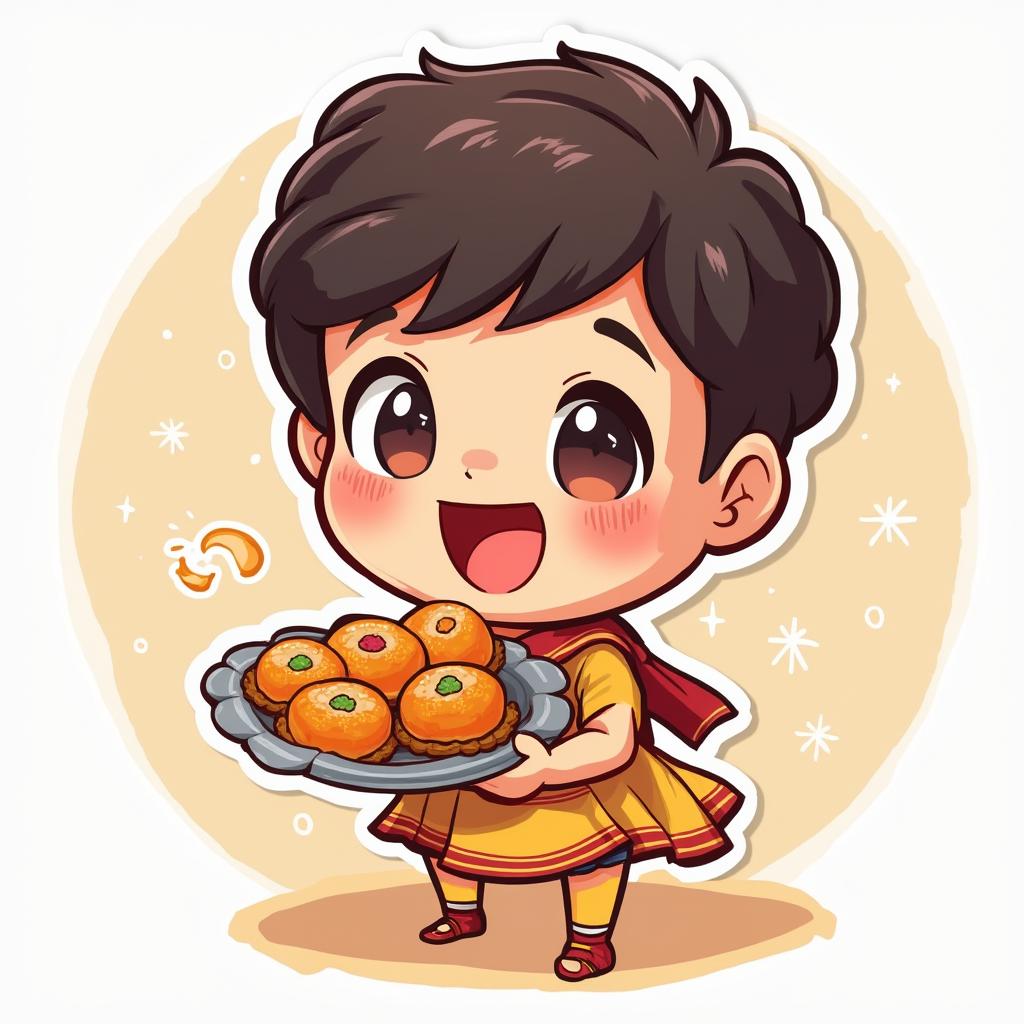 Chibi character joyfully holding a plate of colorful Diwali sweets