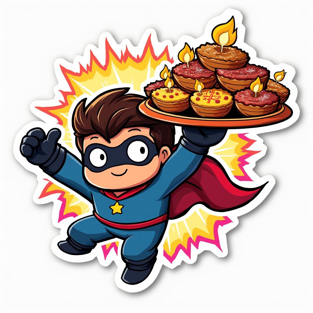 Comic book superhero character flying with a giant plate of Diwali sweets